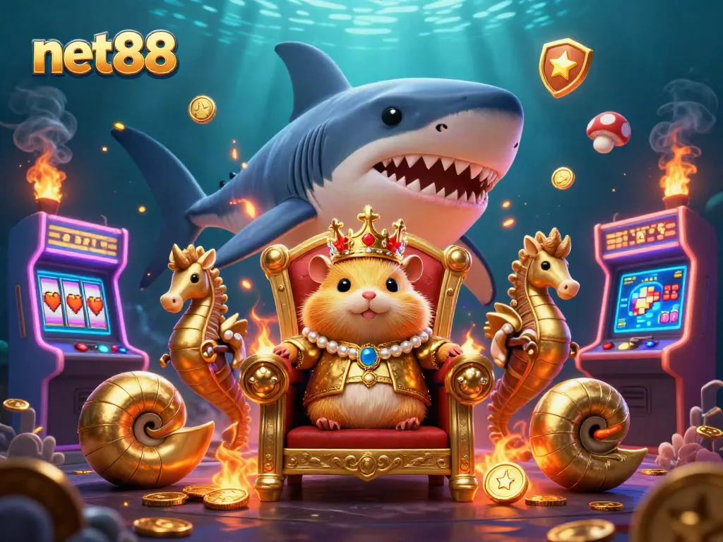 Join the net88 gaming adventure with this vibrant 3D scene featuring a golden hamster king and slot elements.