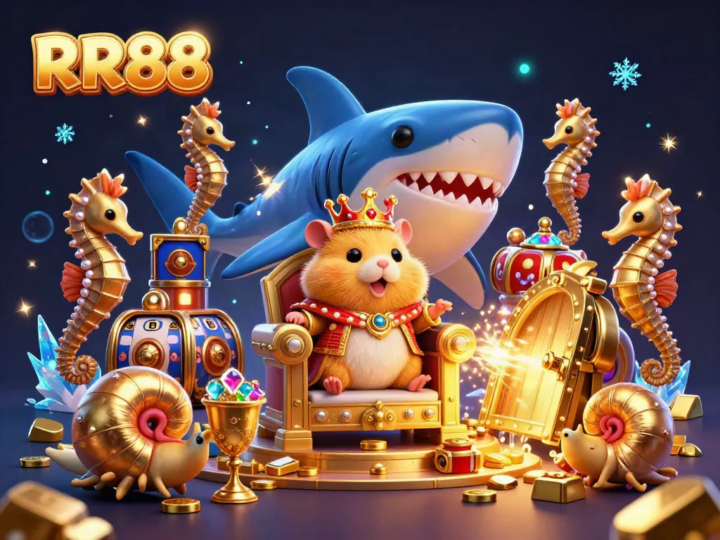 Experience the vibrant world of RR88 with the golden hamster king and treasure elements in a dynamic casino scene.