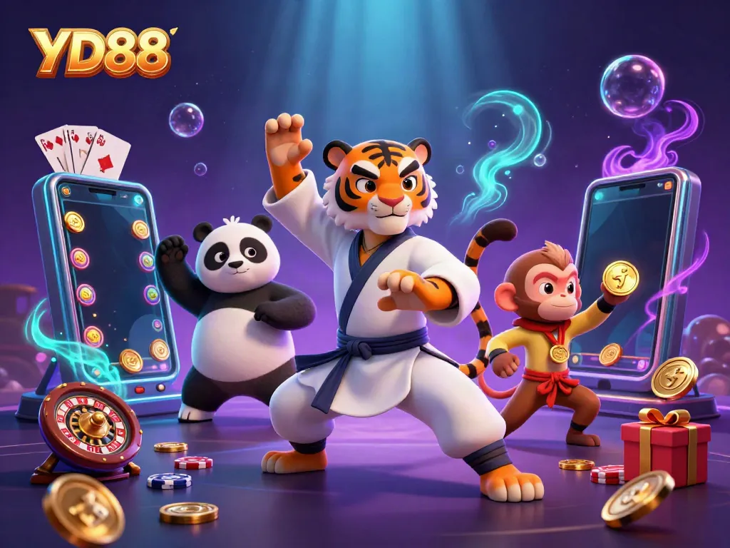 Experience YD88's thrilling online casino action with a kung fu tiger master, fun game elements, and colorful slot games!