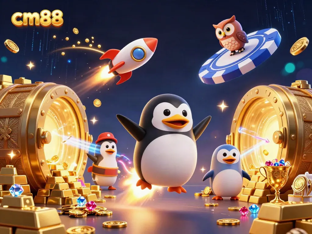 cm88 highlights a vibrant casino journey with a golden penguin, treasure, and dynamic elements.