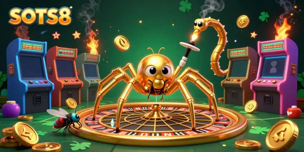 SLOTS8 showcases an animated casino scene featuring a spider and centipede croupier spinning a golden roulette web.