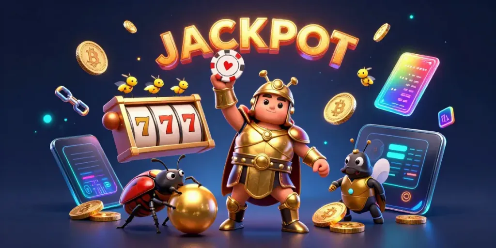 Engage with qqslot's thrilling victory scene featuring a hercules beetle lifting a chip amidst vibrant casino elements.