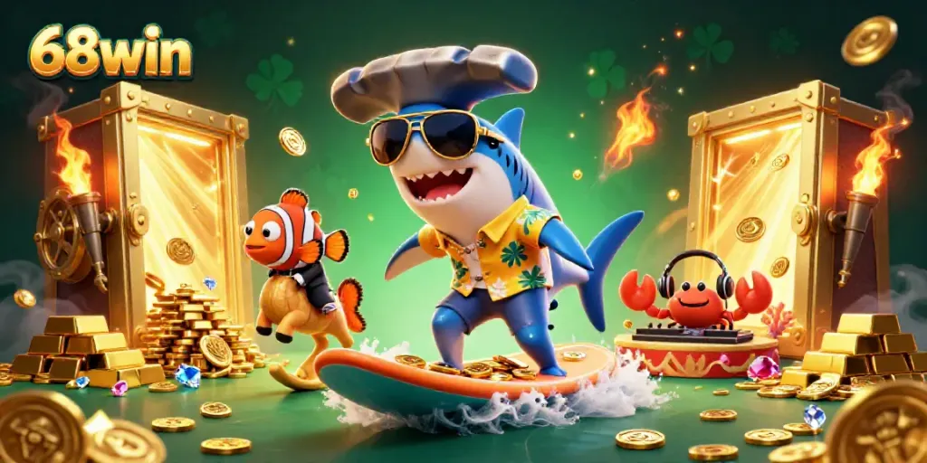 Engage with 68win's thrilling casino experience featuring a shark, clownfish, and crab amidst sparkling gold.