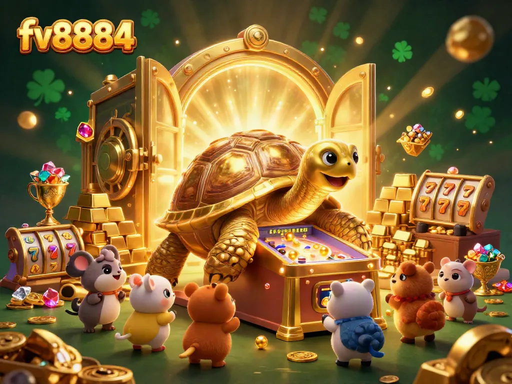 Spin the reels with fv8884's vibrant slot game featuring a golden tortoise and dynamic treasures.