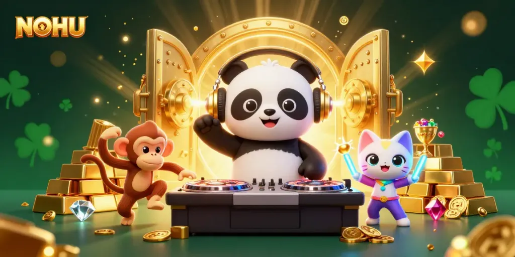 Experience thrilling gameplay at NOHU with vibrant characters and dazzling casino elements in a dynamic digital illustration.