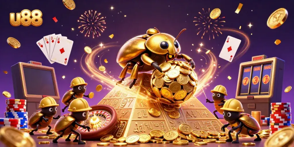 Experience the thrill with u88's big wins and colorful casino symbols in a vibrant 3D illustration.