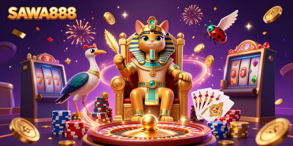 SAWA888 showcases a vibrant casino scene with Egyptian motifs, golden riches, and dynamic gaming elements.