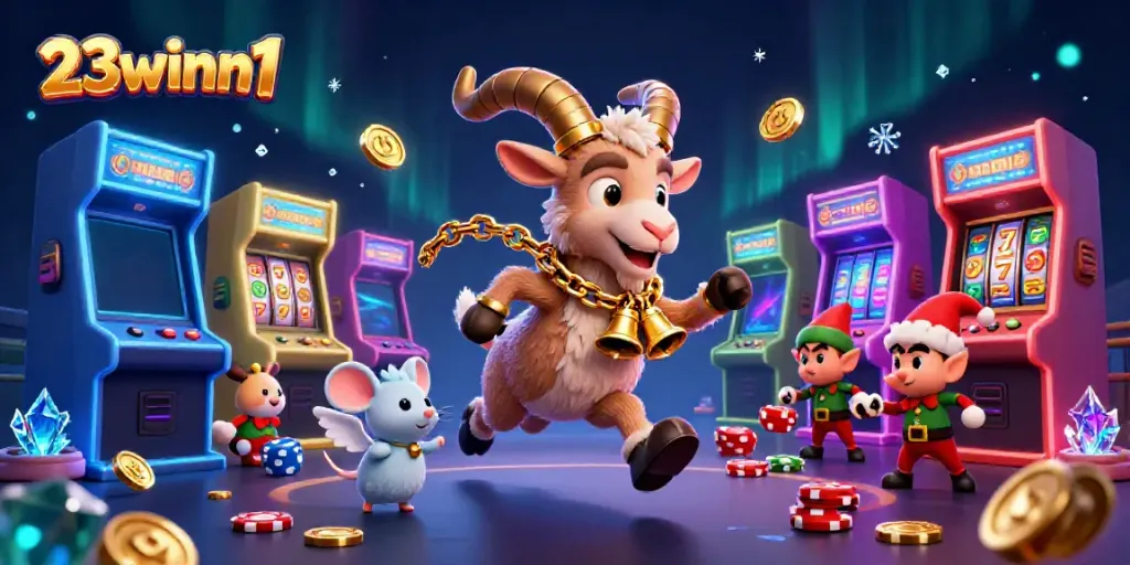 Experience the thrill of 23winn1 with a lively casino scene featuring festive characters and game elements.