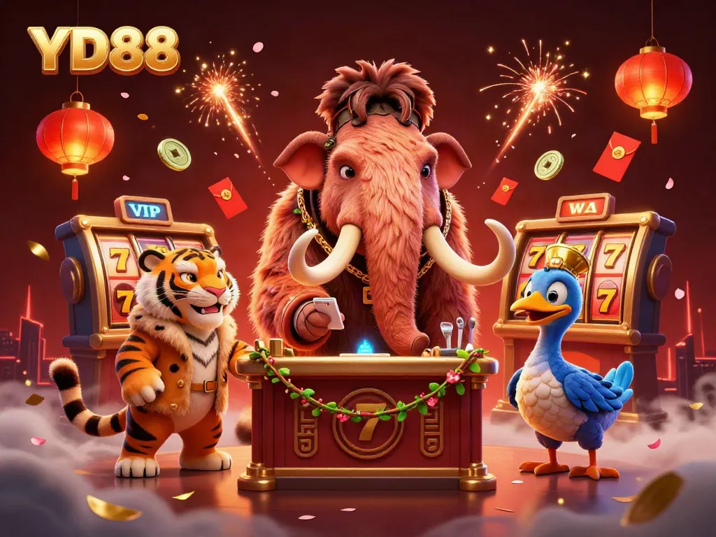 Engaging scene of YD88-themed casino featuring a woolly mammoth bouncer, VIP saber-tooth tiger, and festive elements.