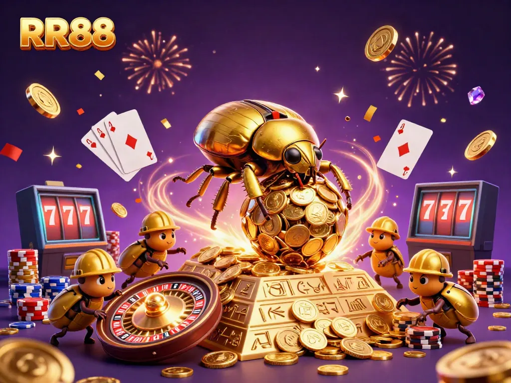 Experience the excitement of RR88 with a cartoonish golden dung beetle rolling coins up a pyramid in a vibrant casino scene.