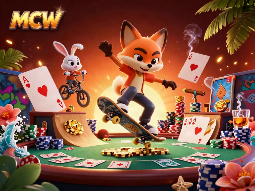 MCW presents a vibrant scene of an animated fox and rabbit enjoying casino-themed sports tricks.