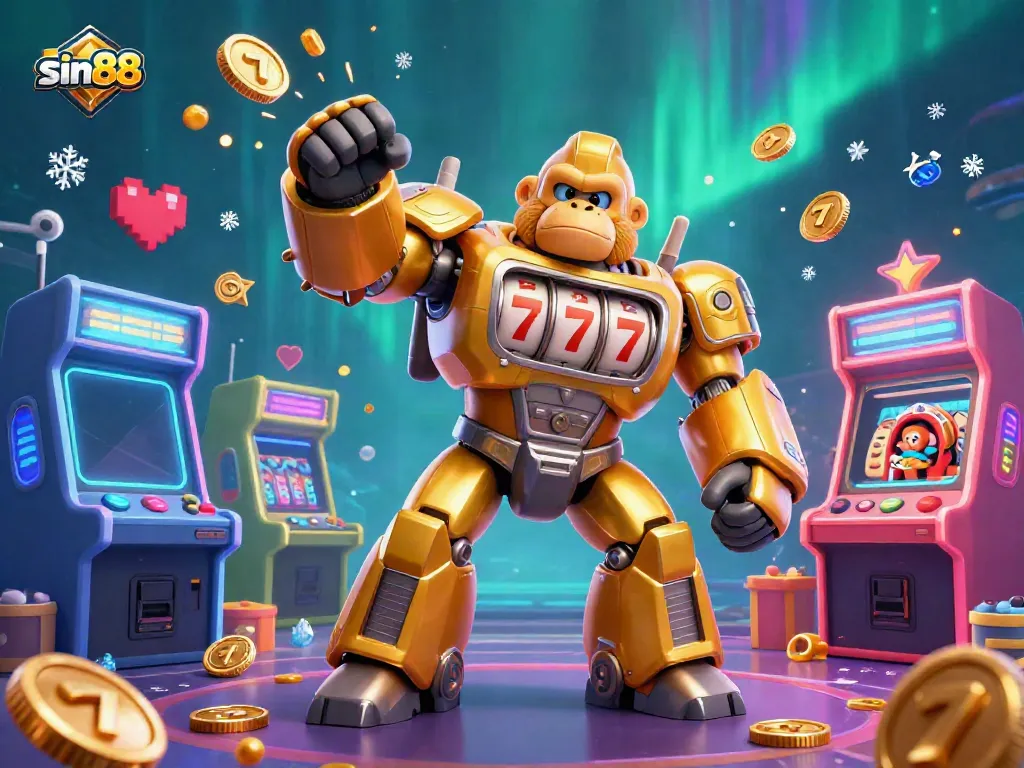 Watch the sin88 golden gorilla mech, powered by slot machines, spring into action with exploding coins!