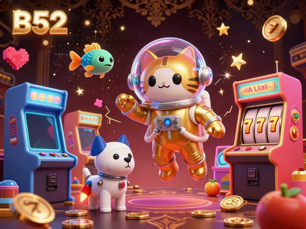 B52 themed 3D cartoon illustration showcasing a space astronaut cat playing arcade slots amidst vibrant game elements.