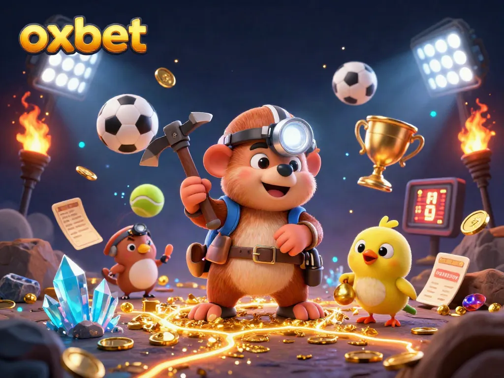 Experience the thrill of oxbet with a dynamic 3D casino scene featuring sports elements and engaging characters.