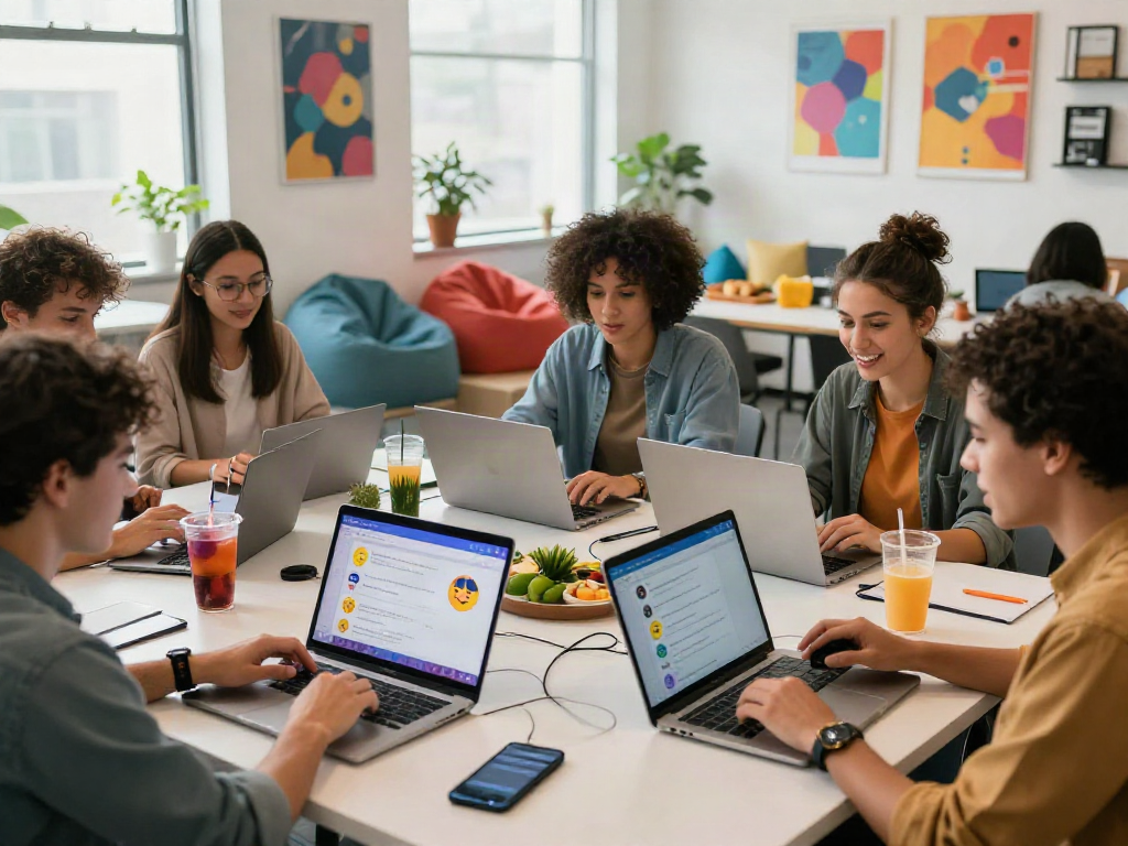 Engaging workspace showcasing spicy chat ai interactions among diverse young adults in a modern setting.