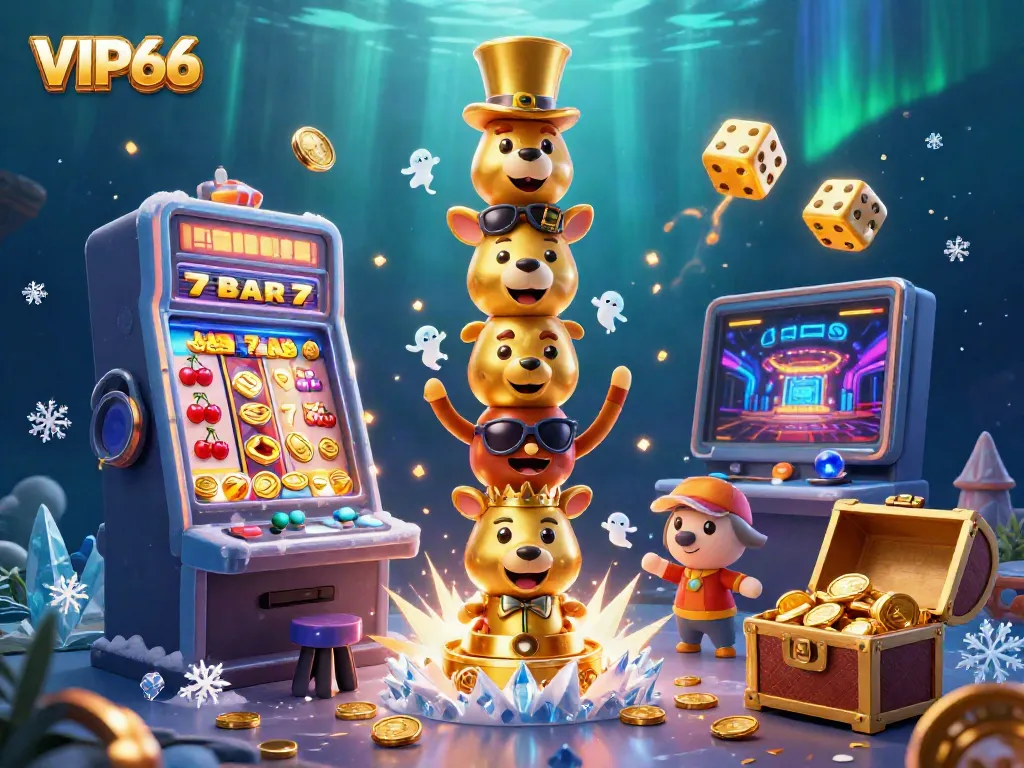 Experience the excitement of VIP66 with this vibrant 3D casino scene featuring a jackpot explosion of symbols and characters.