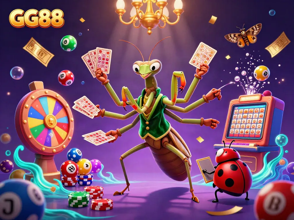 Experience the vibrant GG88 casino scene with playful characters and dynamic lottery elements.