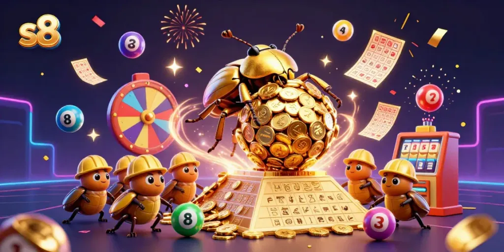 Engage with s8's vibrant jackpot scenes featuring golden beetles in a casino celebration.