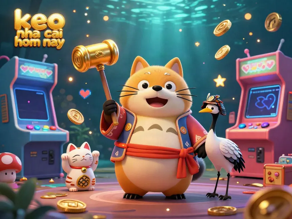 Experience vibrant energy at keo nha cai hom nay with cheerful tanuki, crane, and waving fortune cats amid colorful gaming elements.