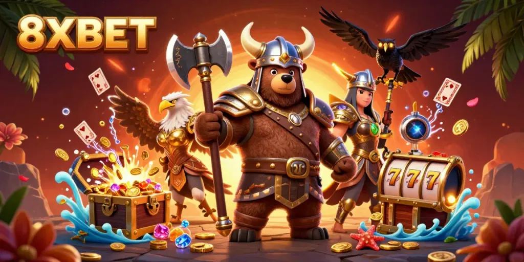 Experience exciting wins at 8XBET with a dynamic casino scene featuring Viking and Valkyrie characters.