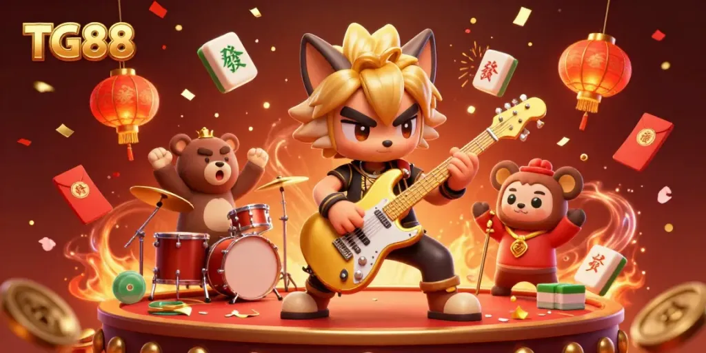 TG88 celebrates with a dynamic rock star wolf and drummer bear on a vibrant casino stage, infused with gambling elements.