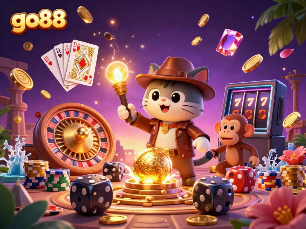 Experience go88 with a cat explorer uncovering vibrant casino treasures amidst golden coins and dynamic gaming elements.