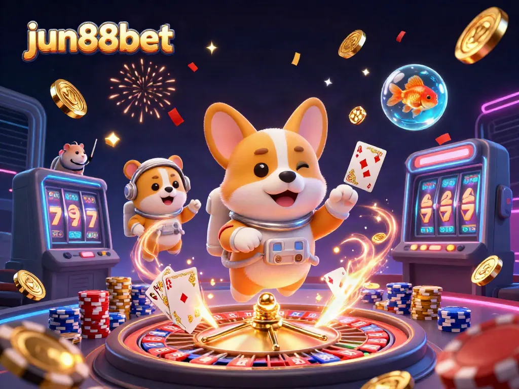 Experience thrilling gaming at jun88bet with a 3D cartoon scene of an astronaut corgi in a space casino.